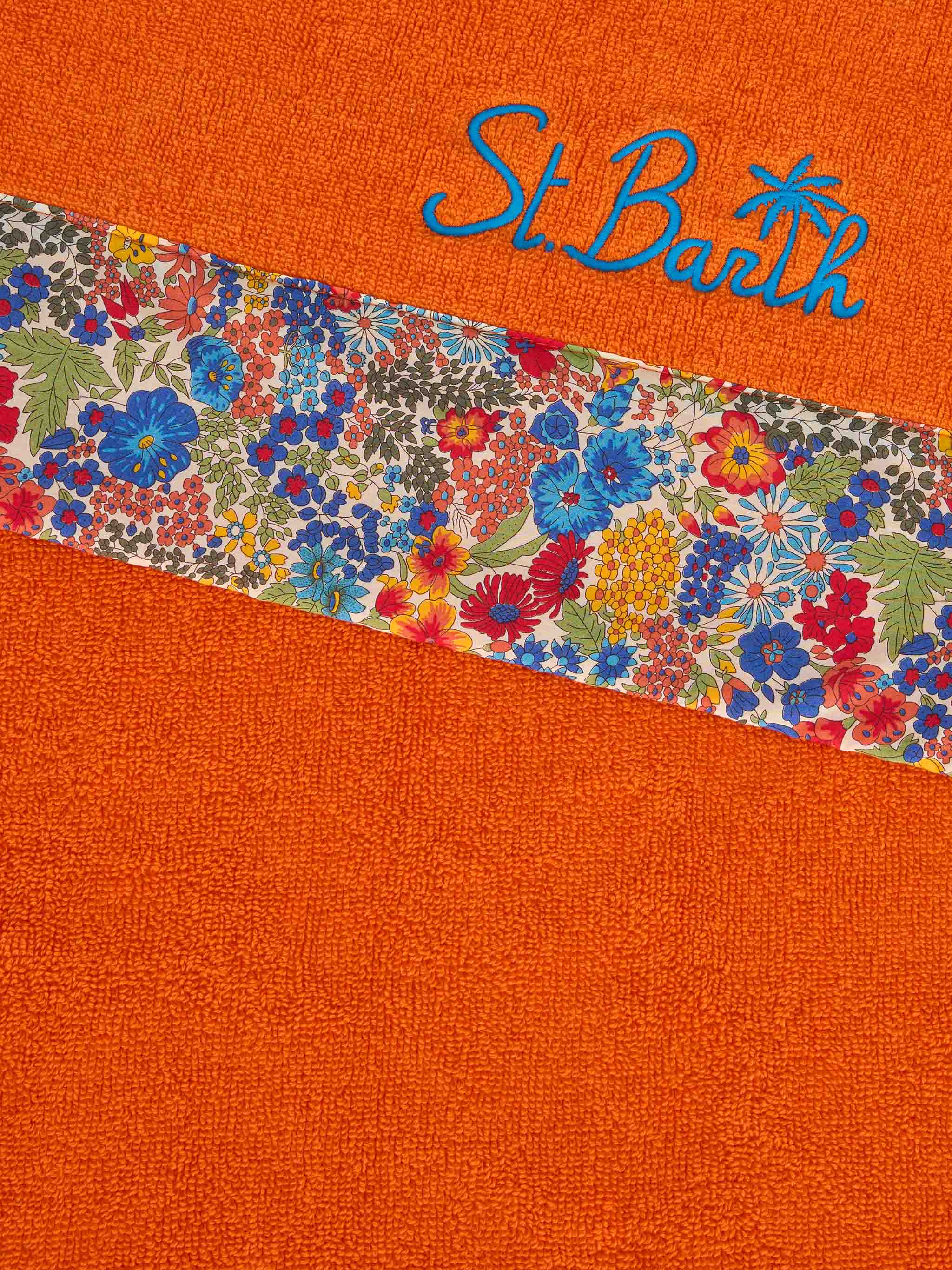 Orange towel with multicolor flower frames | MADE WITH LIBERTY FABRIC