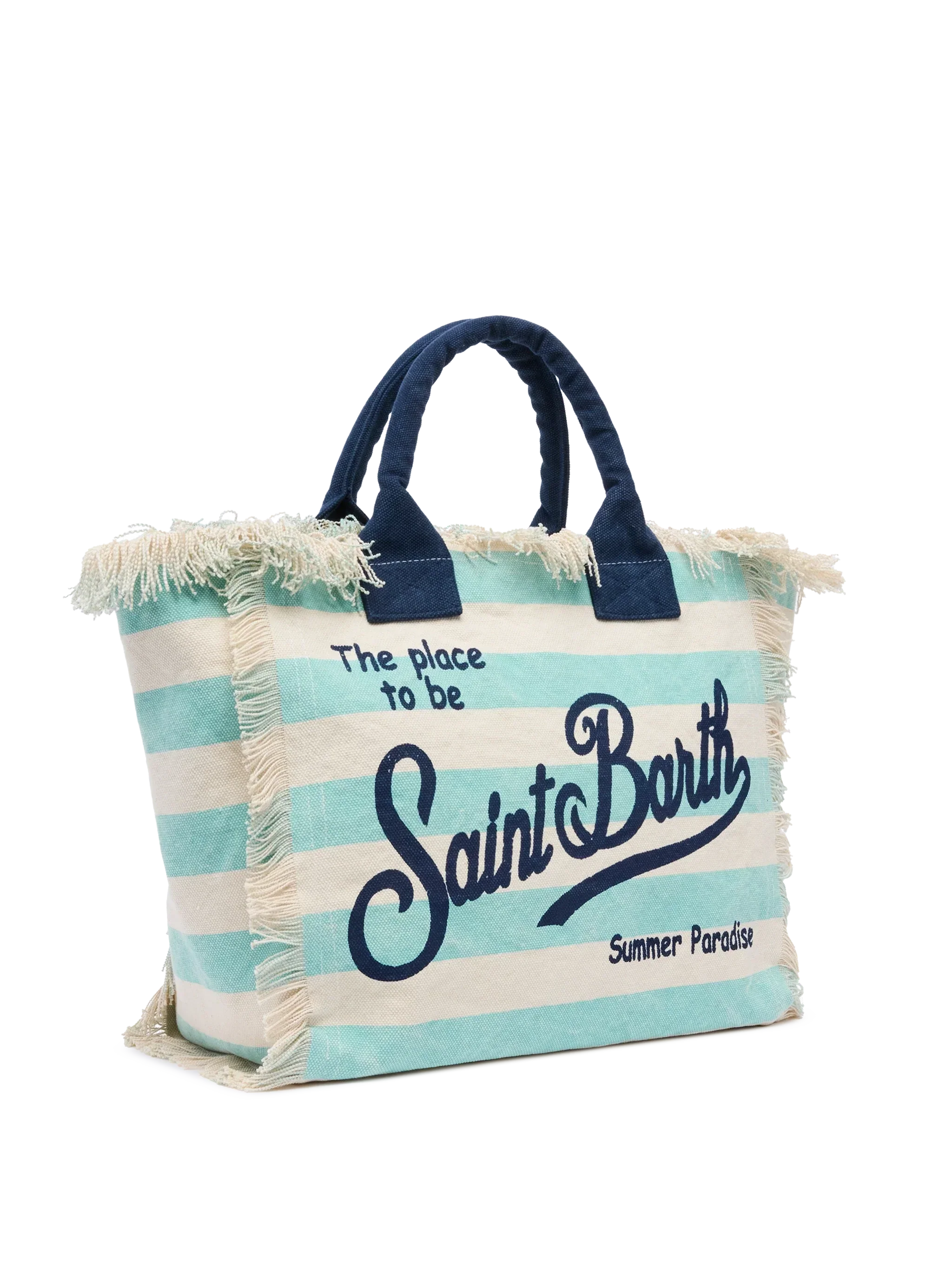 Borsa a spalla Vanity in canvas di cotone con stampa a righe verde acqua