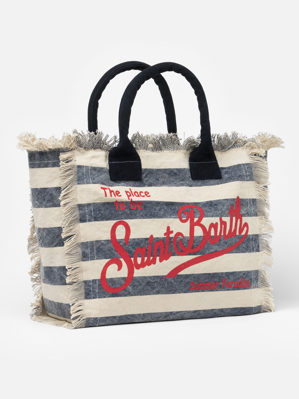Borsa a spalla Vanity in canvas di cotone con stampa a righe blu navy
