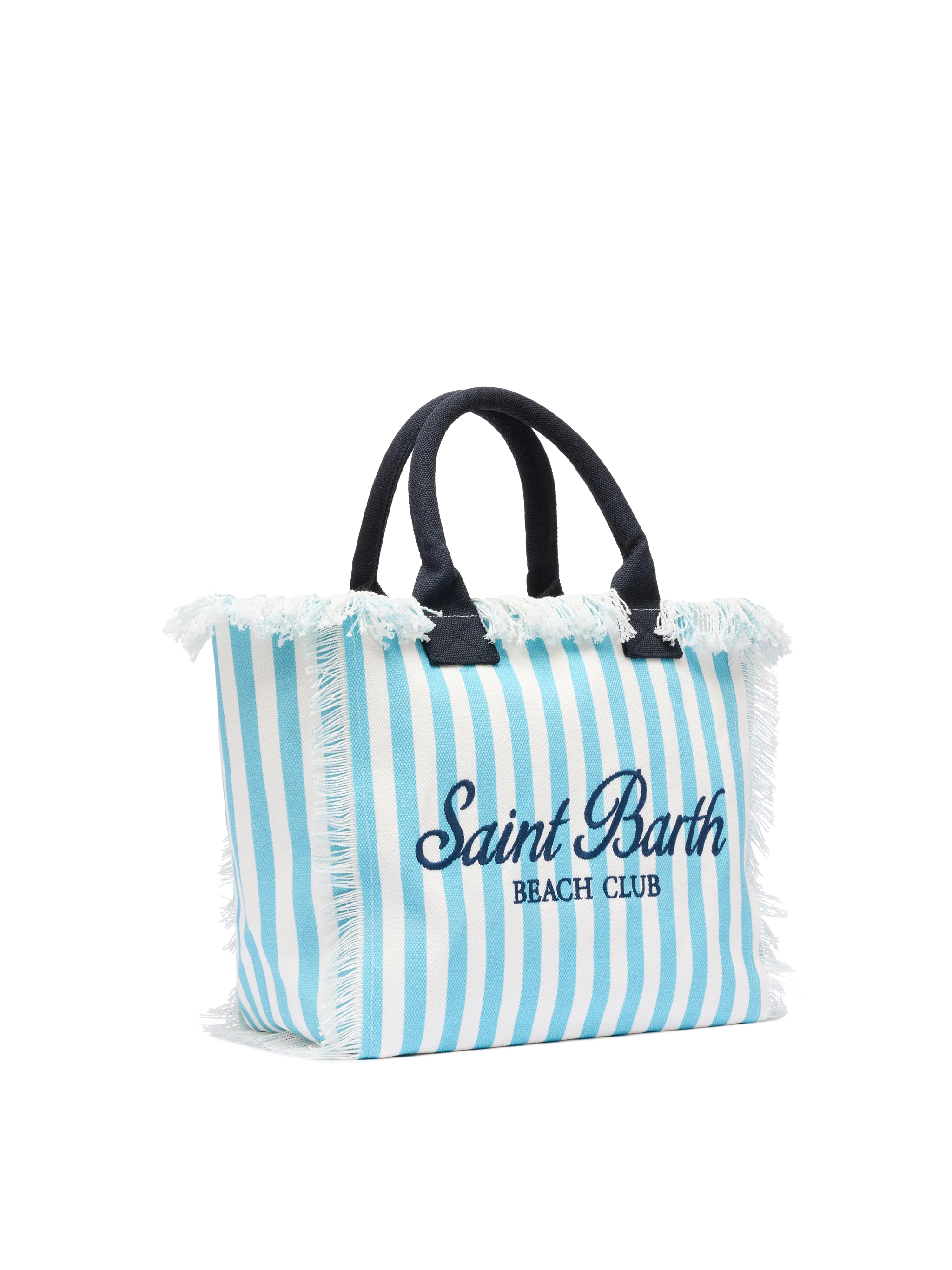 Borsa a spalla Vanity in canvas di cotone con stampa a righe azzurre