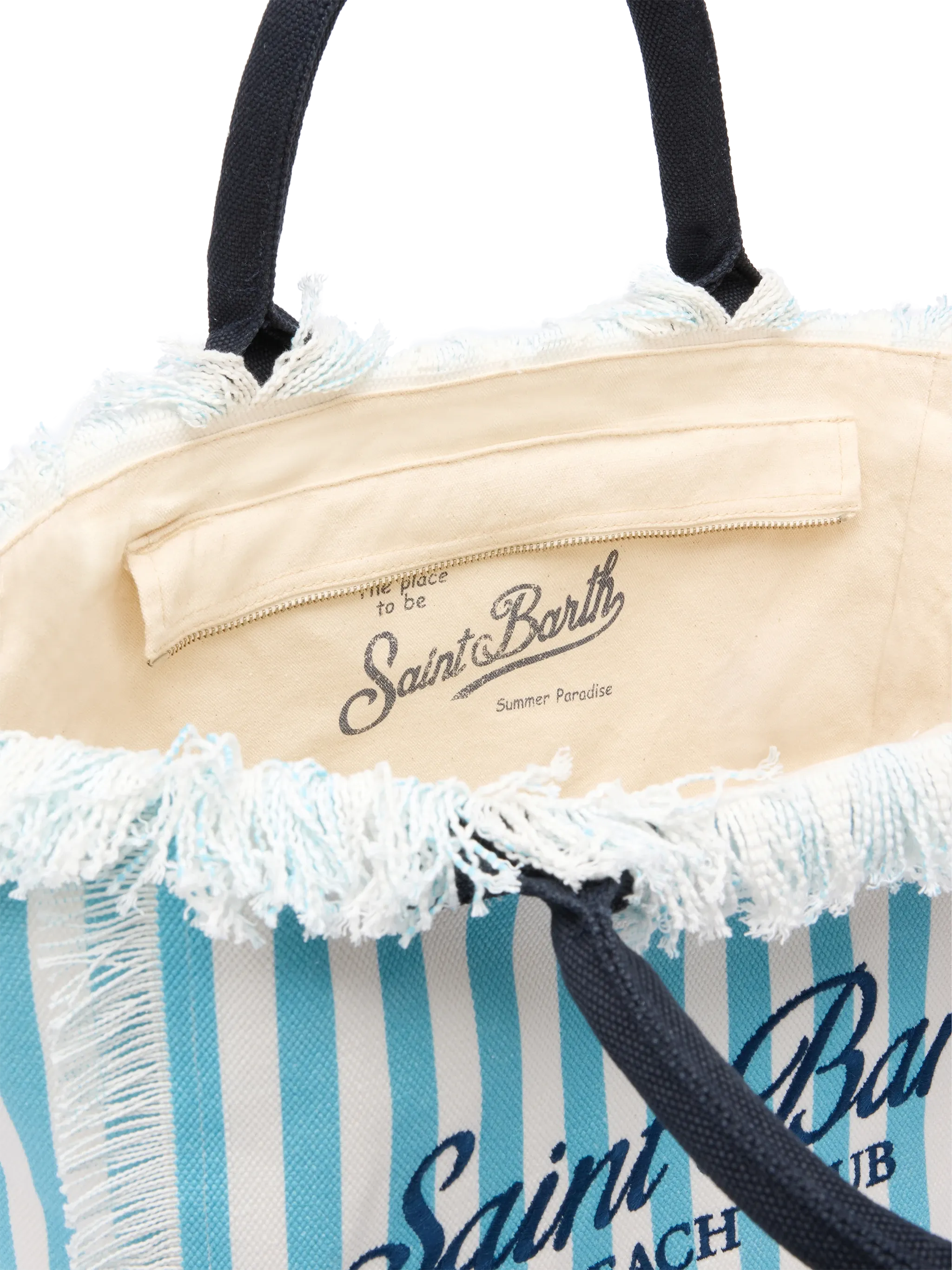 Borsa a spalla Vanity in canvas di cotone con stampa a righe azzurre