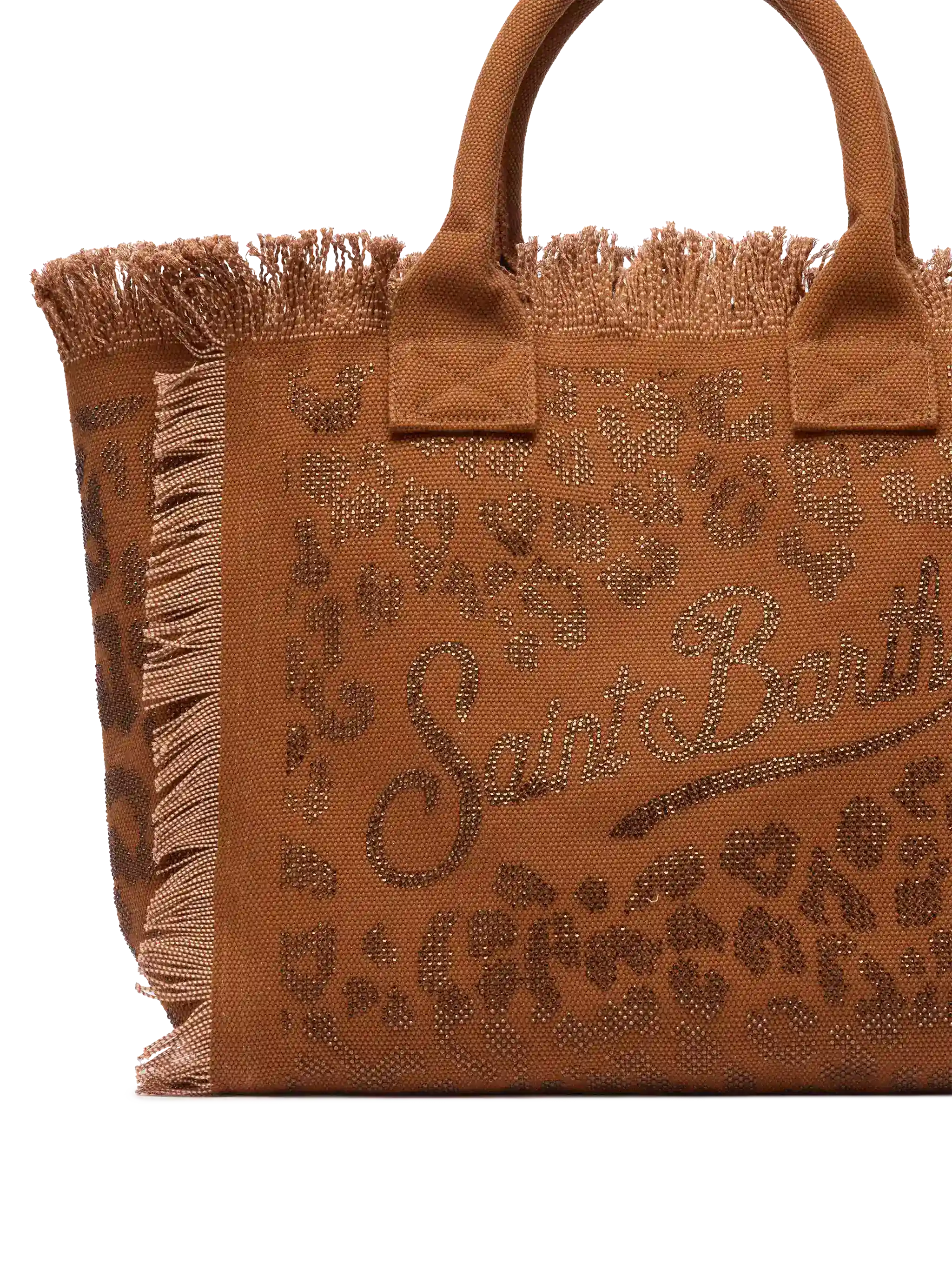 Borsa a spalla Vanity in canvas di cotone marrone con decorazioni in strass leopardate