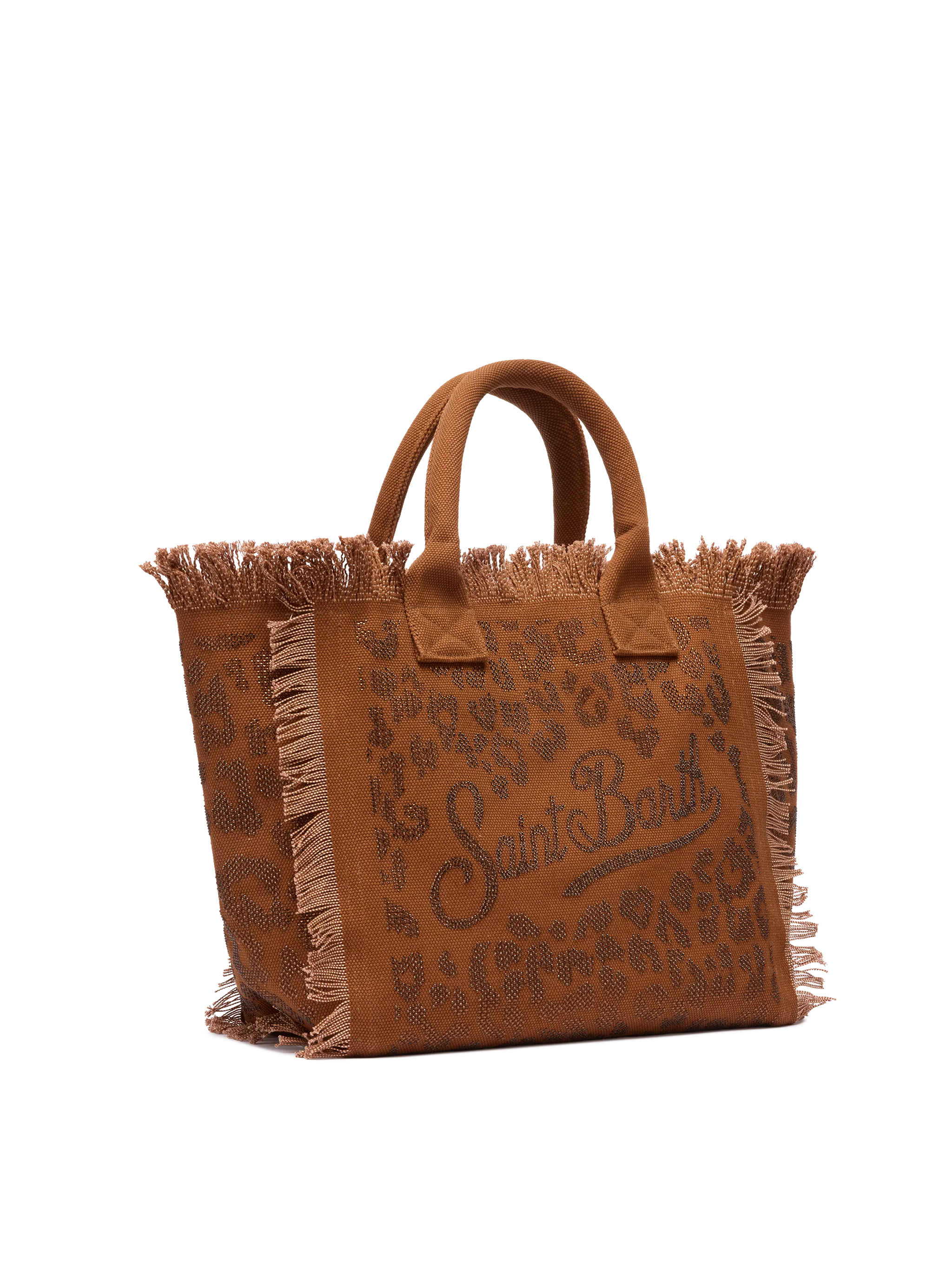 Borsa a spalla Vanity in canvas di cotone marrone con decorazioni in strass leopardate
