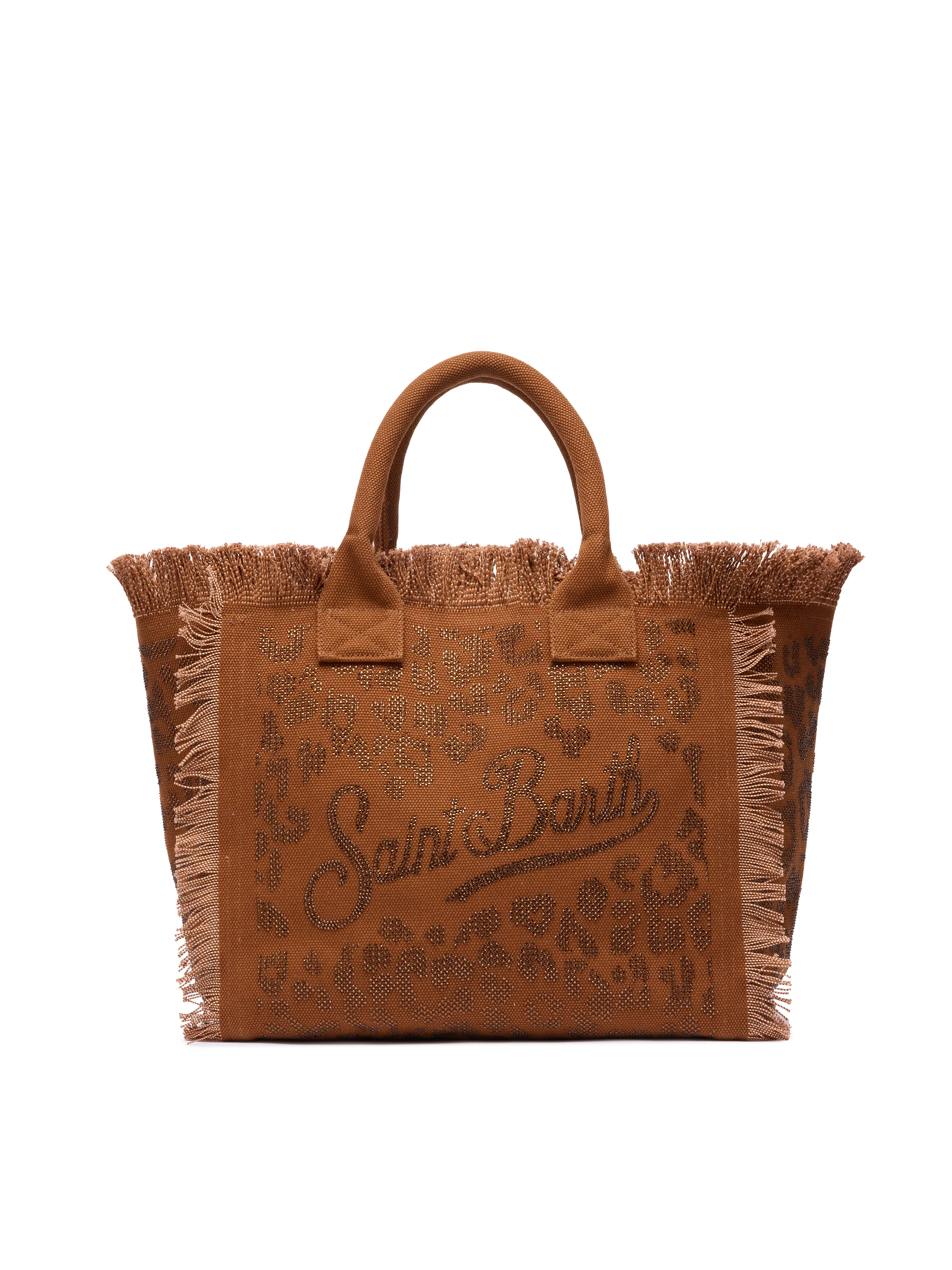 Borsa a spalla Vanity in canvas di cotone marrone con decorazioni in strass leopardate