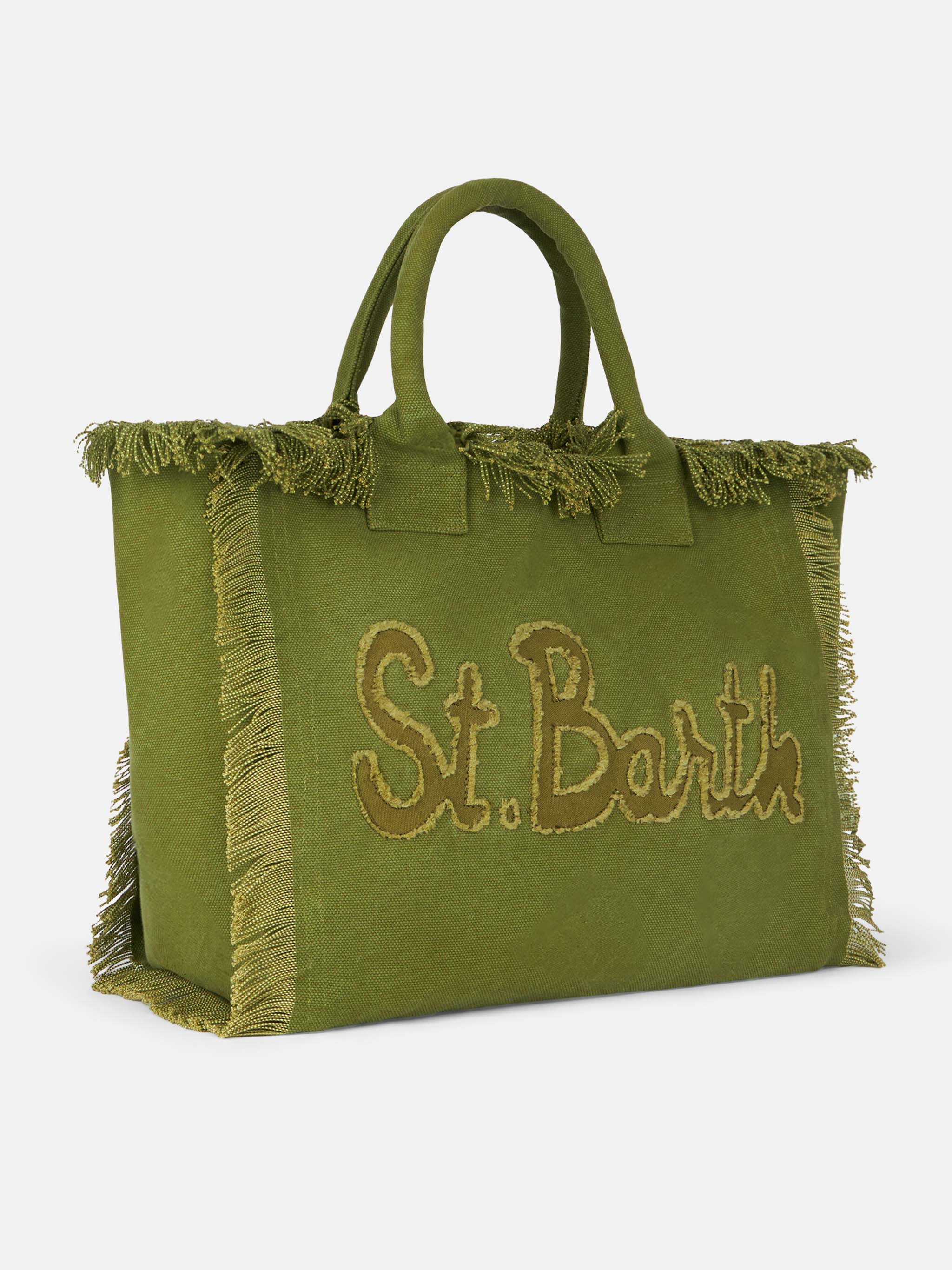 Military green cotton canvas Vanity tote bag with logo patch