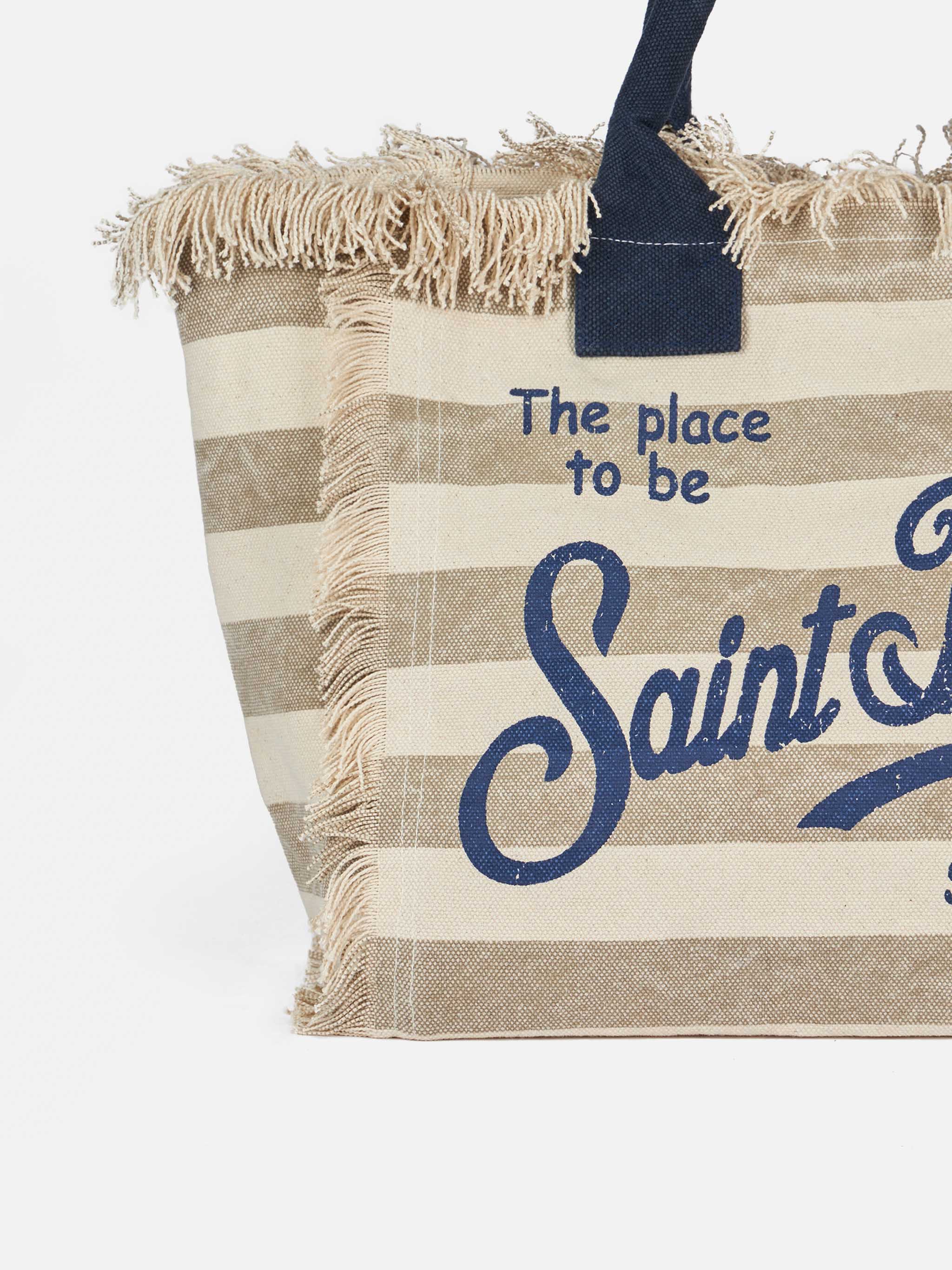 Borsa a spalla Vanity in canvas di cotone con stampa a righe beige