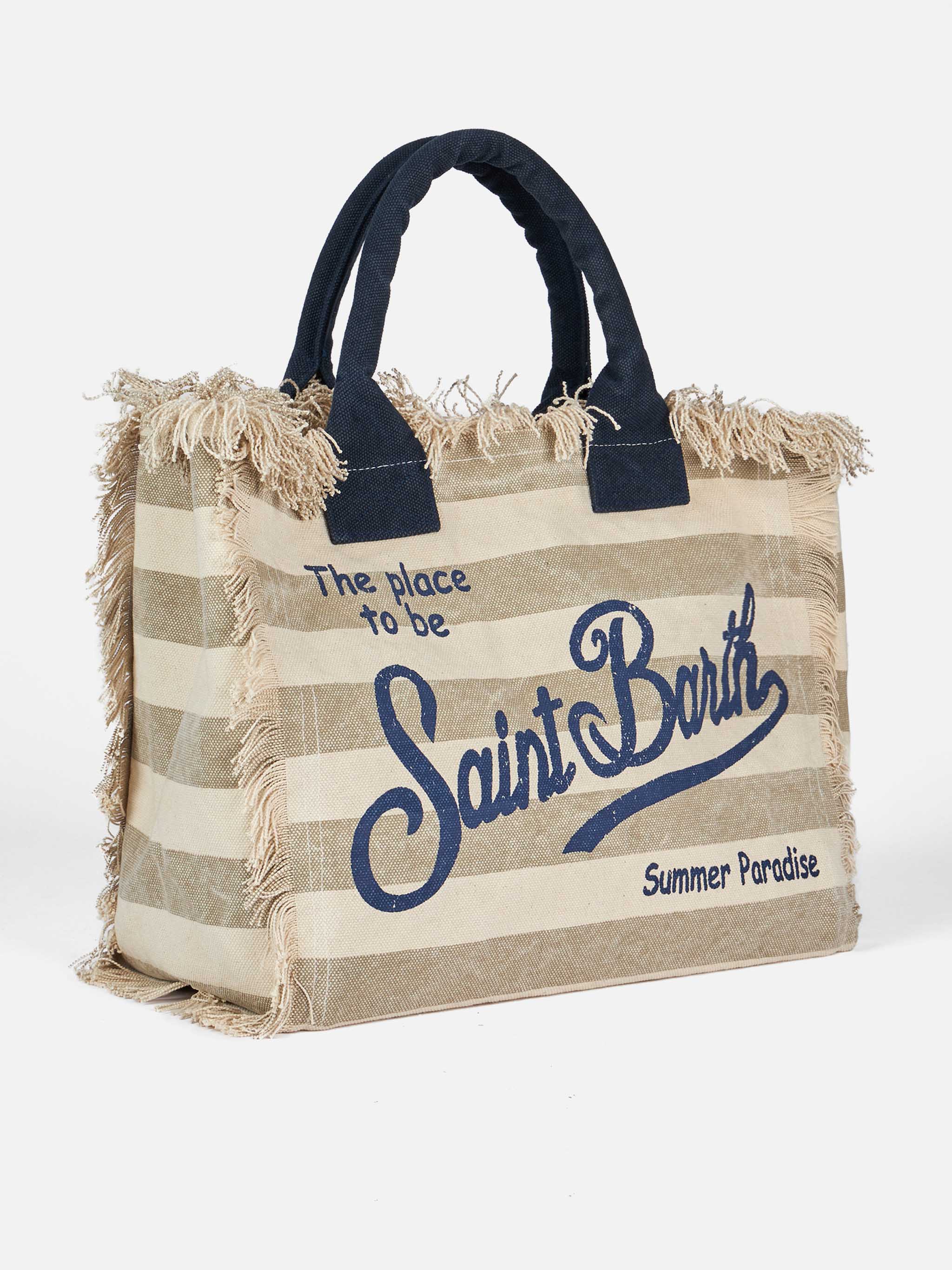 Borsa a spalla Vanity in canvas di cotone con stampa a righe beige