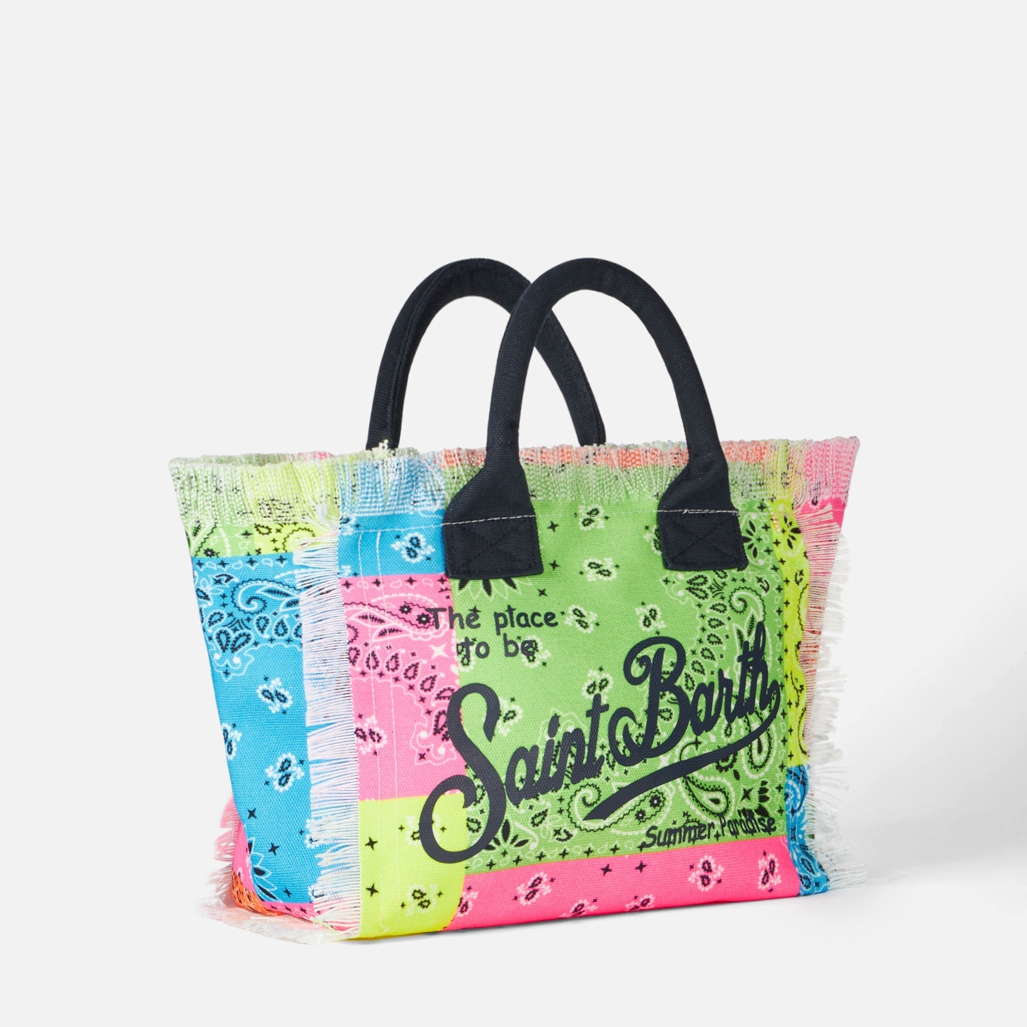 Borsa a mano Colette in canvas di cotone con stampa bandana fluo
